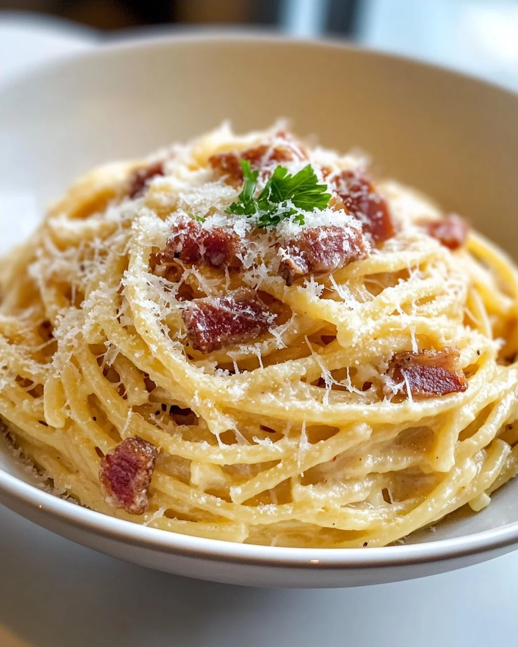 Cremige Carbonara Pasta Bowl: Rind & Parmesan Pur