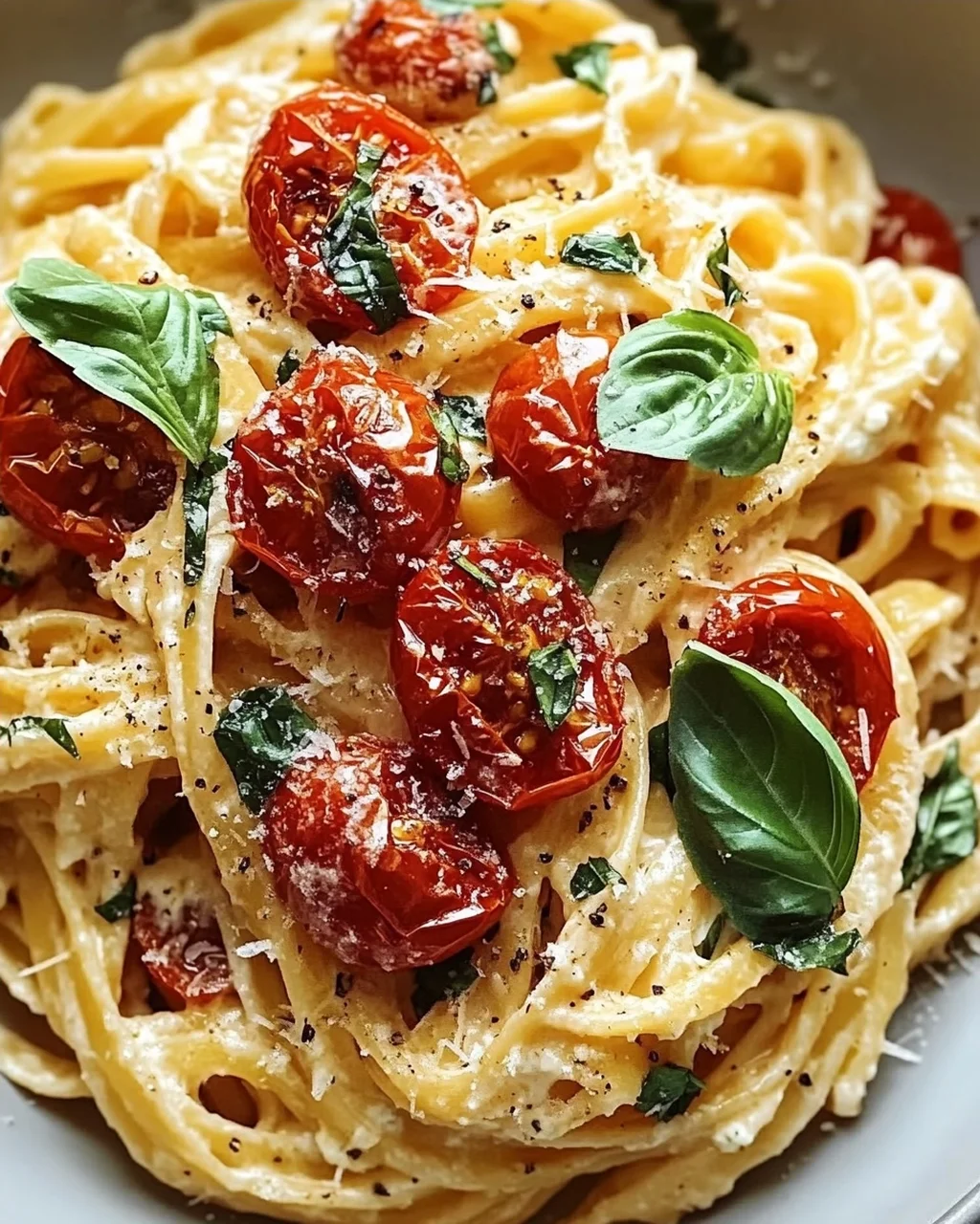 Cremige Ricotta Pasta mit gerösteten Tomaten & Knoblauch