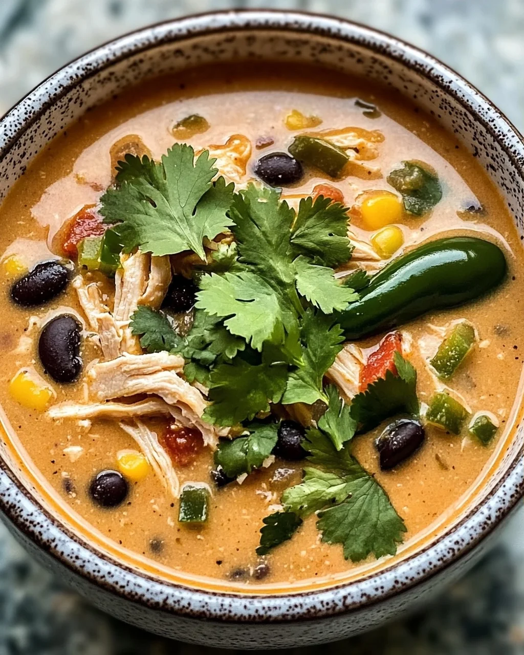 Einfache Hähnchen-, Poblano- und schwarze Bohnensuppe