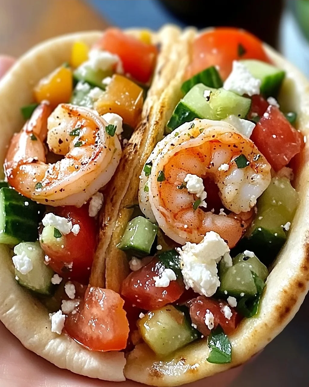 Griechische Salat Pita Taschen mit Garnelen schnell zubereitet