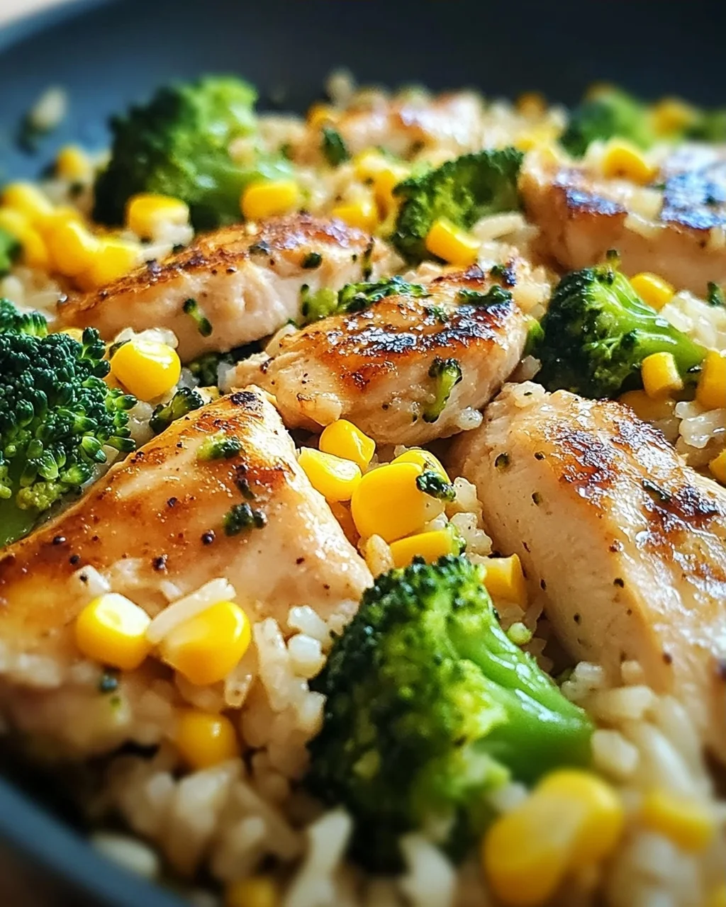 Hähnchen-Reis-Pfanne mit Brokkoli und Mais