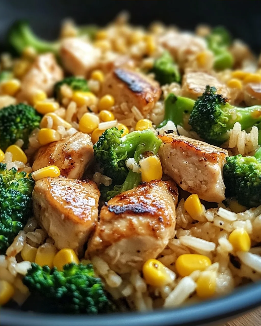 Hähnchen-Reis-Pfanne mit Brokkoli und Mais