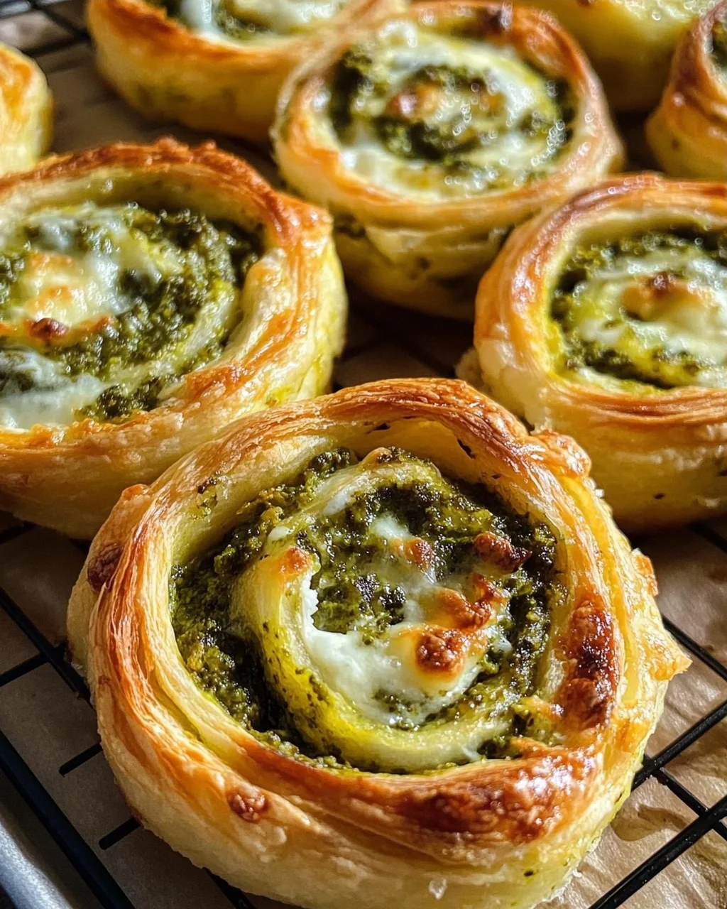 Knusprige Blätterteig-Pizzaschnecken mit Pesto und Mozzarella