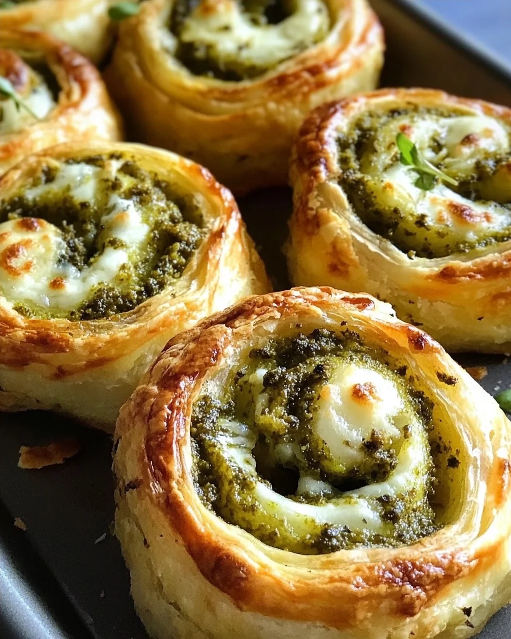 Knusprige Blätterteig-Pizzaschnecken mit Pesto und Mozzarella