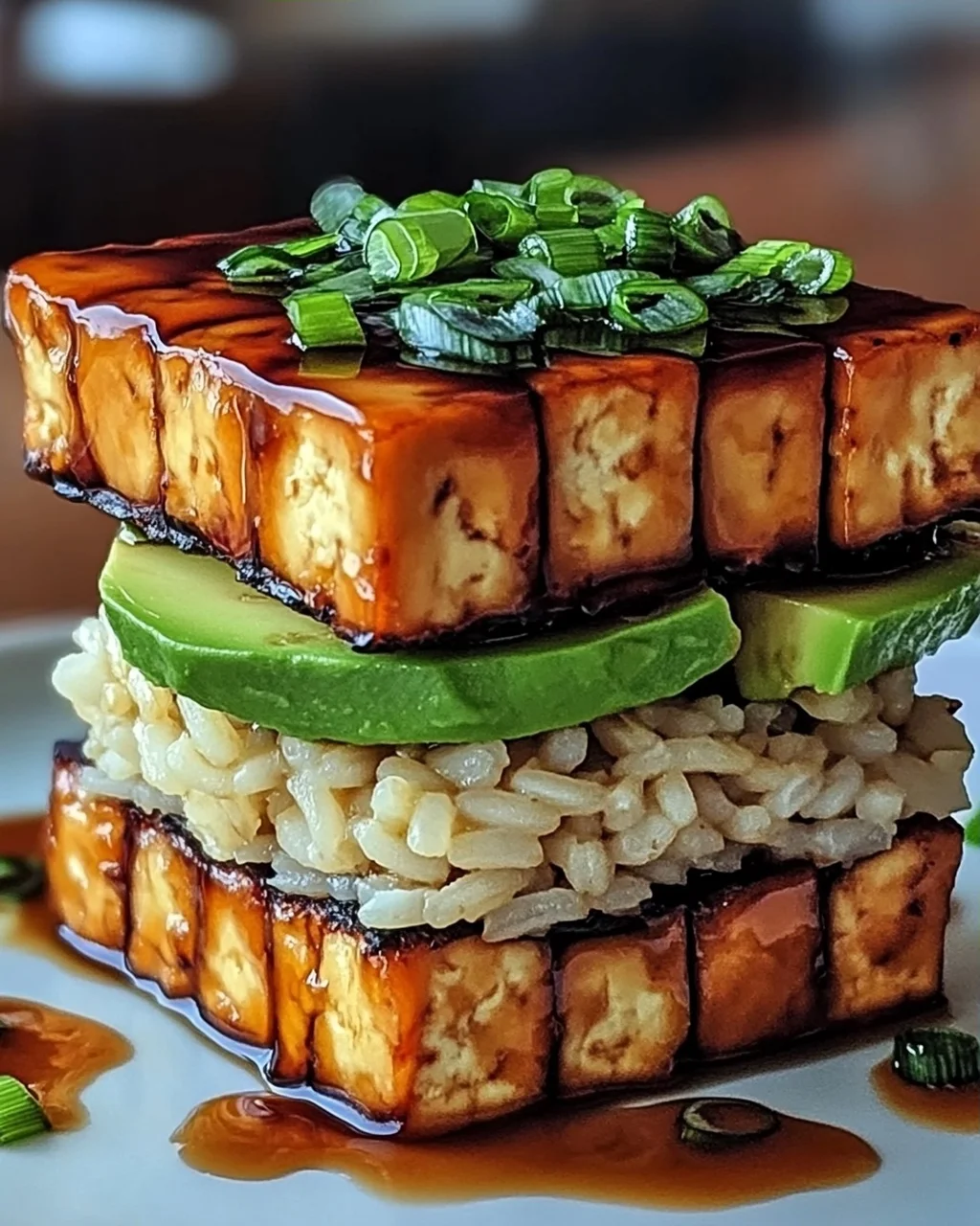 Krosse Teriyaki-Tofu- und Avocado-Reis-Stapel für Zuhause