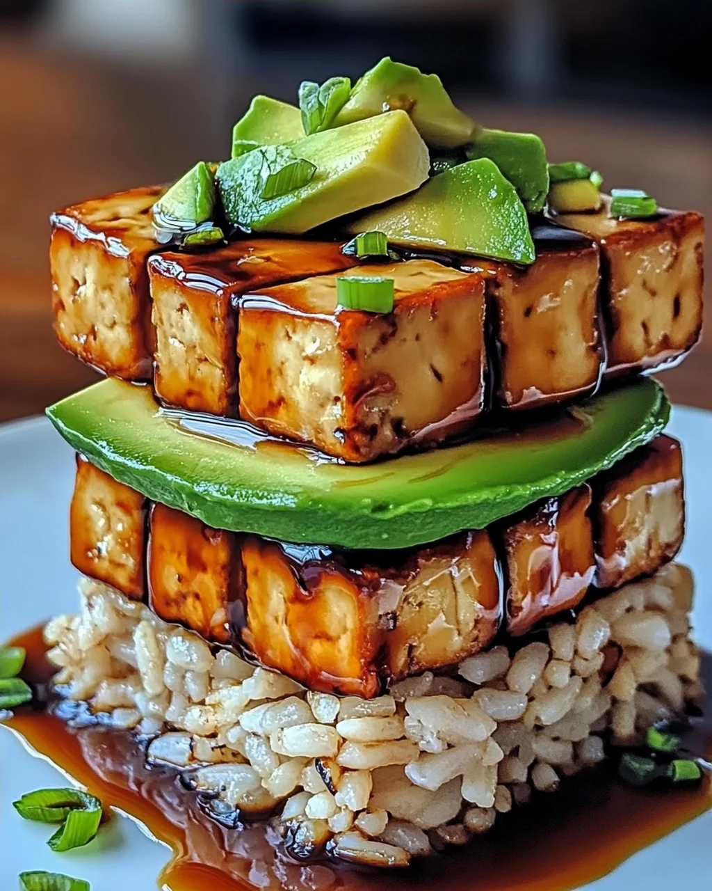 Krosse Teriyaki-Tofu- und Avocado-Reis-Stapel für Zuhause