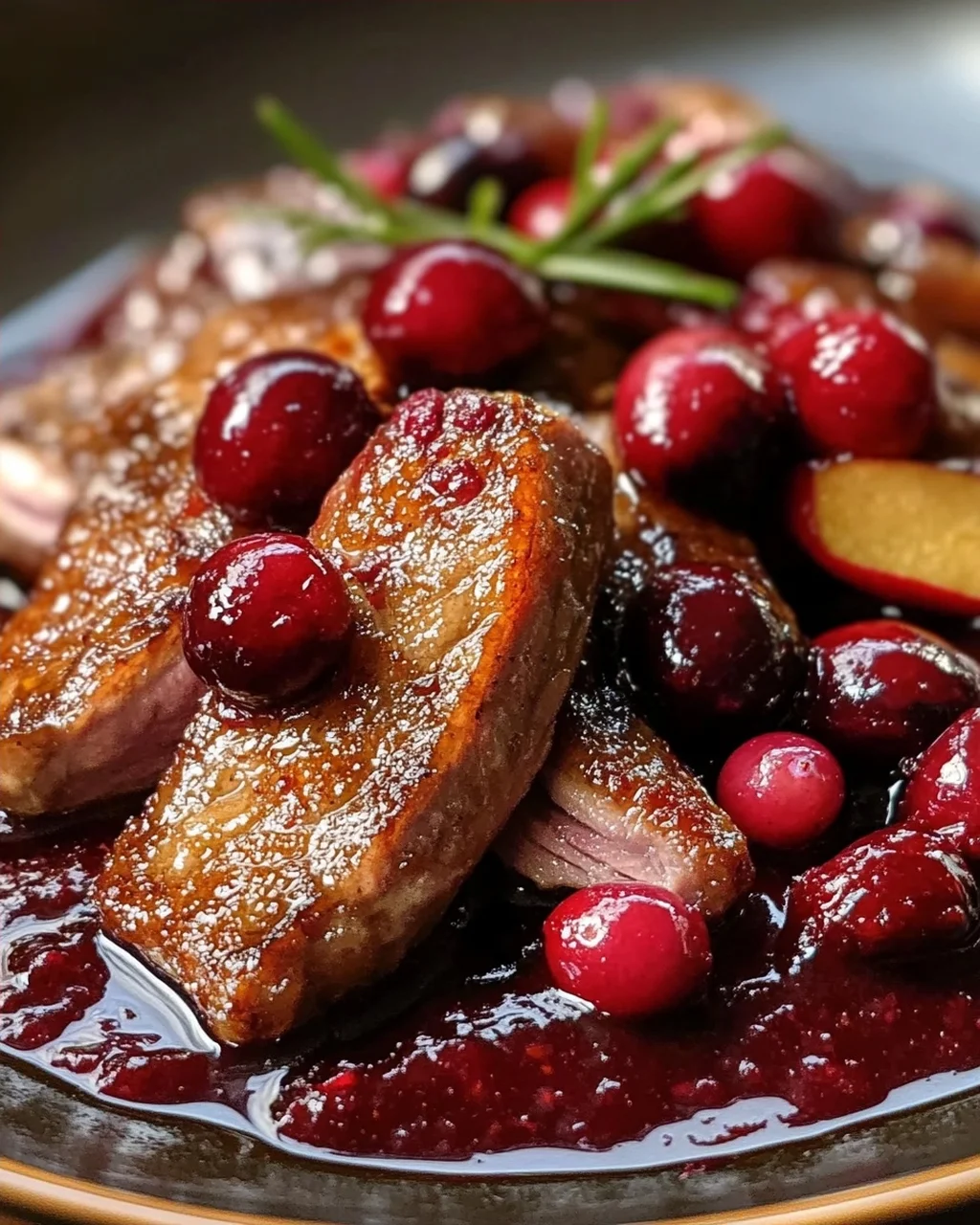 Perfekt knusprige Entenbrust auf fruchtiger Cranberry-Apfel-Soße