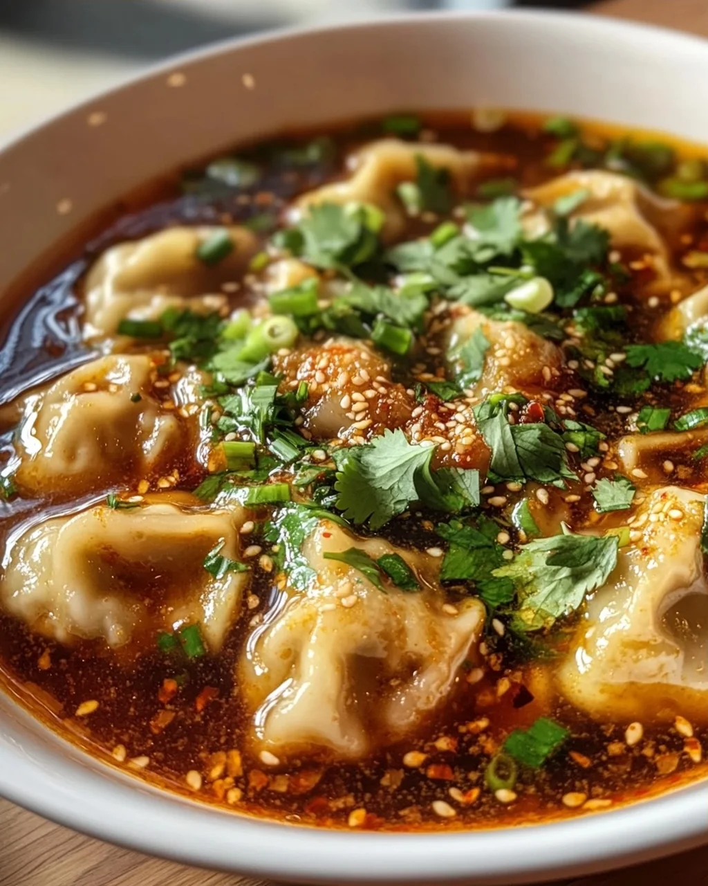 Scharfe Sichuan Wonton Suppe mit feuriger Chili-Knoblauch-Sauce