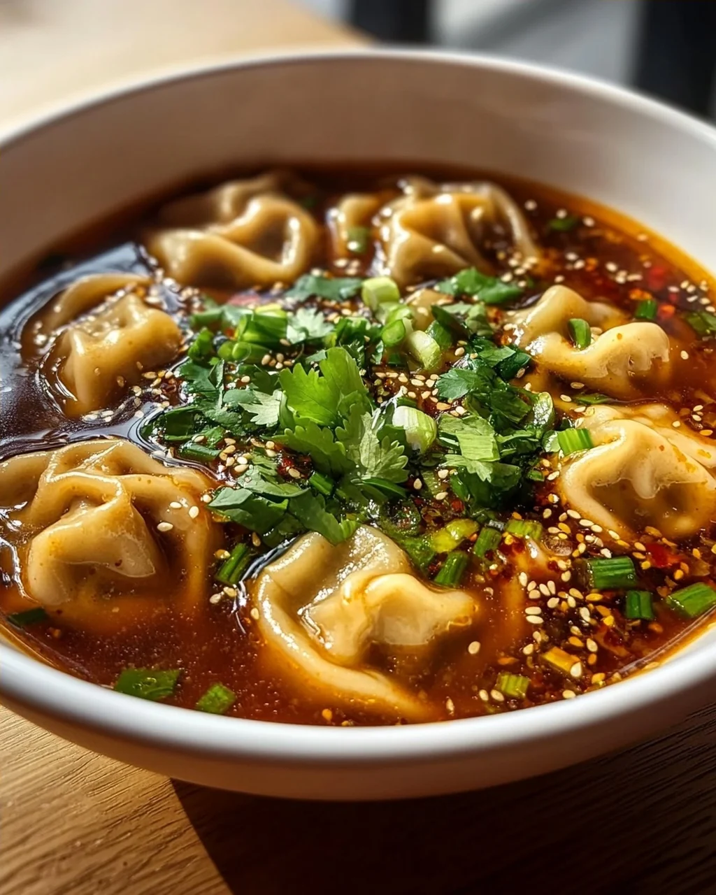 Scharfe Sichuan Wonton Suppe mit feuriger Chili-Knoblauch-Sauce